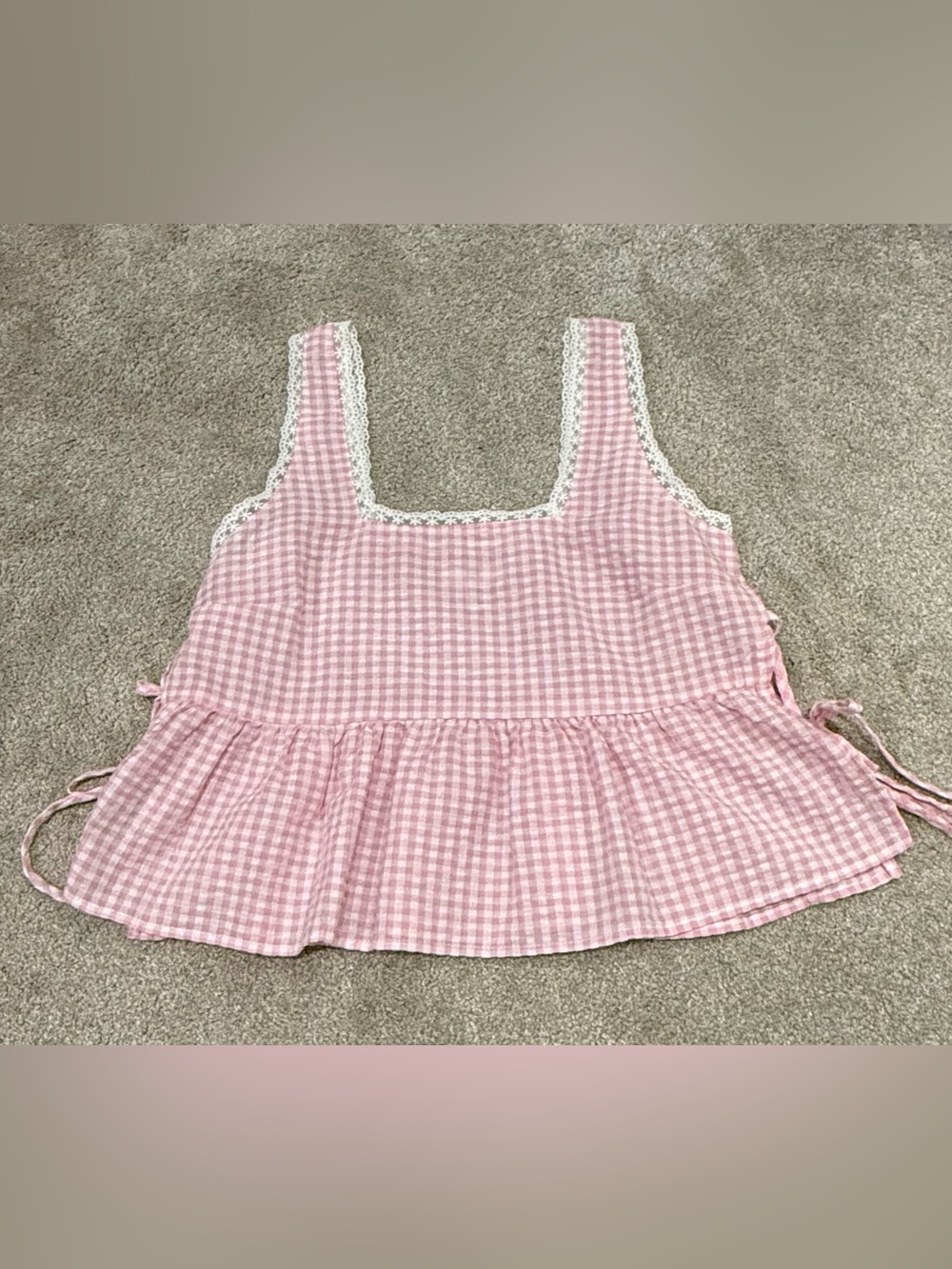 BP. Pink Gingham Peplum Tank Top XXS Lace Trim Side Tie Cottagecore
